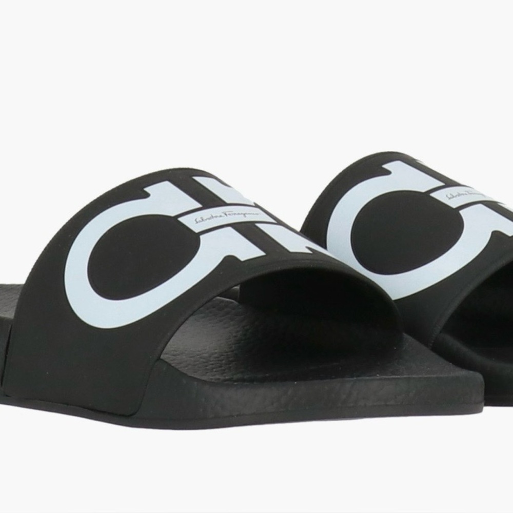 Salvatore Ferragamo Black and White Logo Slide Sandals